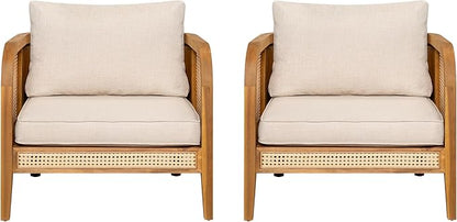 Christopher Knight Home Set of 2 Tilden Bohemian Acacia Wood Patio Accent Chairs, Wicker Lounge Chair Outdoor, Patio Furniture Single Sofa with Cushion, Comfy Garden Reading Chair, Teak+Beige