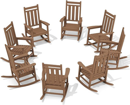 KINGYES Oversized Outdoor Rocking Chair Set of 8, All-Weather Patio Rocking Chairs for Porch, HDPE Outdoor Patio Rockers with High Back & Wide Seat for Garden, Lawn, Brown