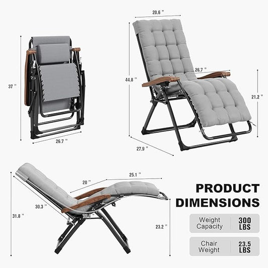 PURPLE LEAF Outdoor Reclining Chair Set of 2 Patio Zero Gravity Chaise Lounge Folding Chair with Removable Cushion Adjustable Headrest for Lawn Camping Beach Pool Grey