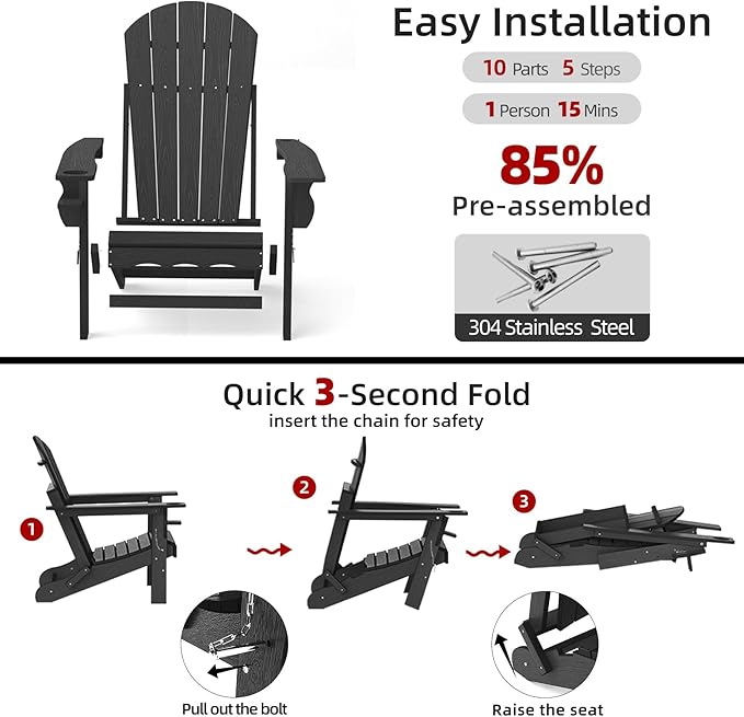Folding Adirondack Chair, HDPE Plastic Black Adirondack Chairs Weather Resistant - Photo 7