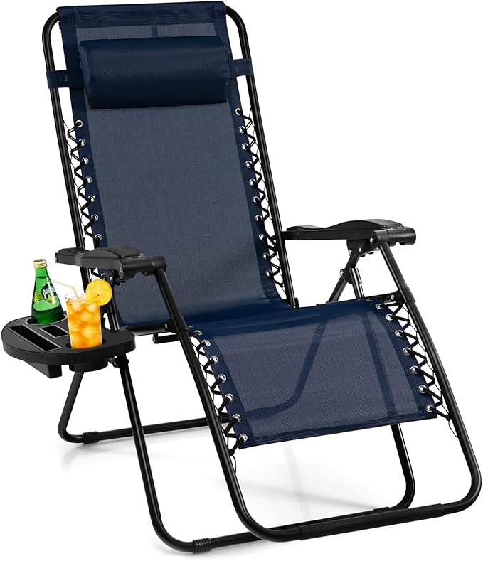 Giantex Zero Gravity Reclining Chair, Outdoor Patio Recliner with Cup Holder & Removable Pillow, Adjustable Backrest, Indoor Lounge Chair for Backyard, Garden, Poolside (Navy)