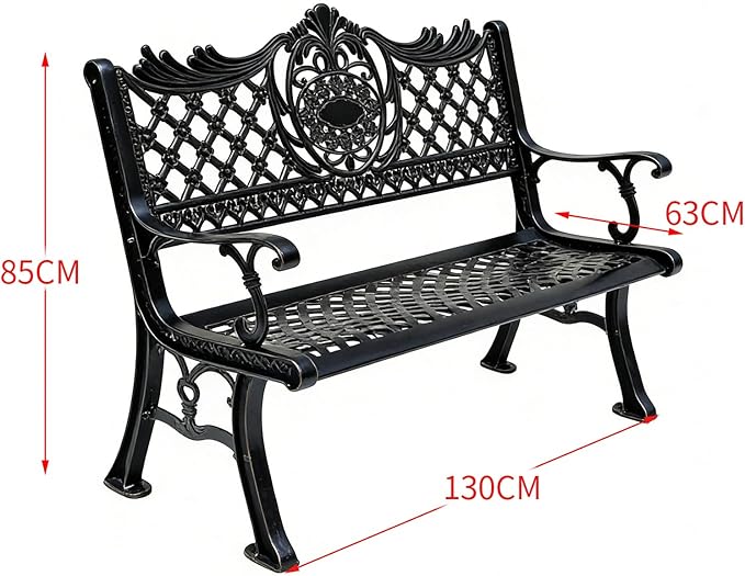 51" Outdoor Bench Garden Bench Cast Aluminum Bench with Floral Back Metal Front Porch Benches for Yard Patio Entryway Park (Matte Black)