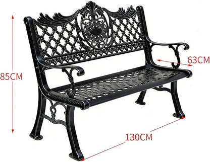 51" Outdoor Bench Garden Bench Cast Aluminum Bench with Floral Back Metal Front Porch Benches for Yard Patio Entryway Park (Matte Black)