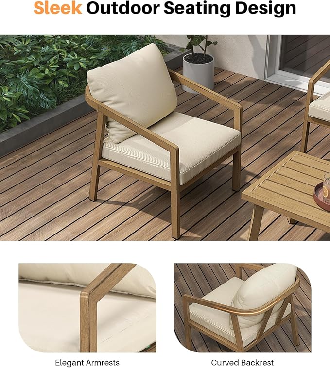 Teak Patio Sofa Chairs Set of 2, Never-Rust Aluminum Outdoor Armchair with Removable Cushions, All Weather 2 Pieces Outdoor Club Chairs, Outdoor Sofa Chairs for Garden, Porch, Balcony | Never-Rust, Wraparound Design, Wood-Grain Texture, All Weather, Re...