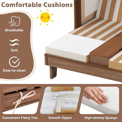 Costzon Kids Lounge Chair Outdoor, Wood Double Seat Chaise Lounge with Canopy, Cup Holders, Cushion, Backrest Recliner, Kids Patio Furniture, Gift for Boys Girls 3-8 Years Old