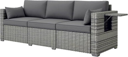 Outsunny 3 Seater Wicker Sofa with Side Tray Tables, Rattan Outdoor Patio Sofa with 6" Thick Back Cushions, Outdoor Wicker Couch with Deep Seating, Pillows for Porch, Garden, Backyard, Mixed Gray