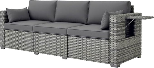 Outsunny 3 Seater Wicker Sofa with Side Tray Tables, Rattan Outdoor Patio Sofa with 6" Thick Back Cushions, Outdoor Wicker Couch with Deep Seating, Pillows for Porch, Garden, Backyard, Mixed Gray
