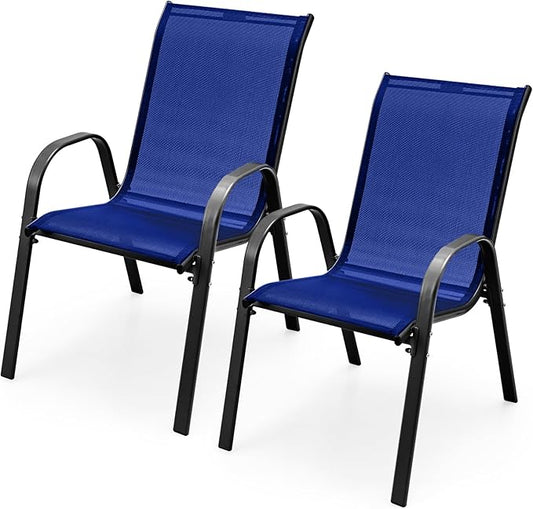 COSTWAY Patio Dining Chairs Set of 2, Stackable Outdoor Chairs with Armrest and High Back, Breathable Fabric & Metal Frame Chair for Garden Poolside Backyard Deck (Navy)