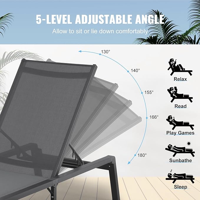 VEVOR 2 Pcs Chaise Lounge Chairs Outdoor, Aluminum Patio Lounge Chair with Adjustable 5-Position - Photo 8