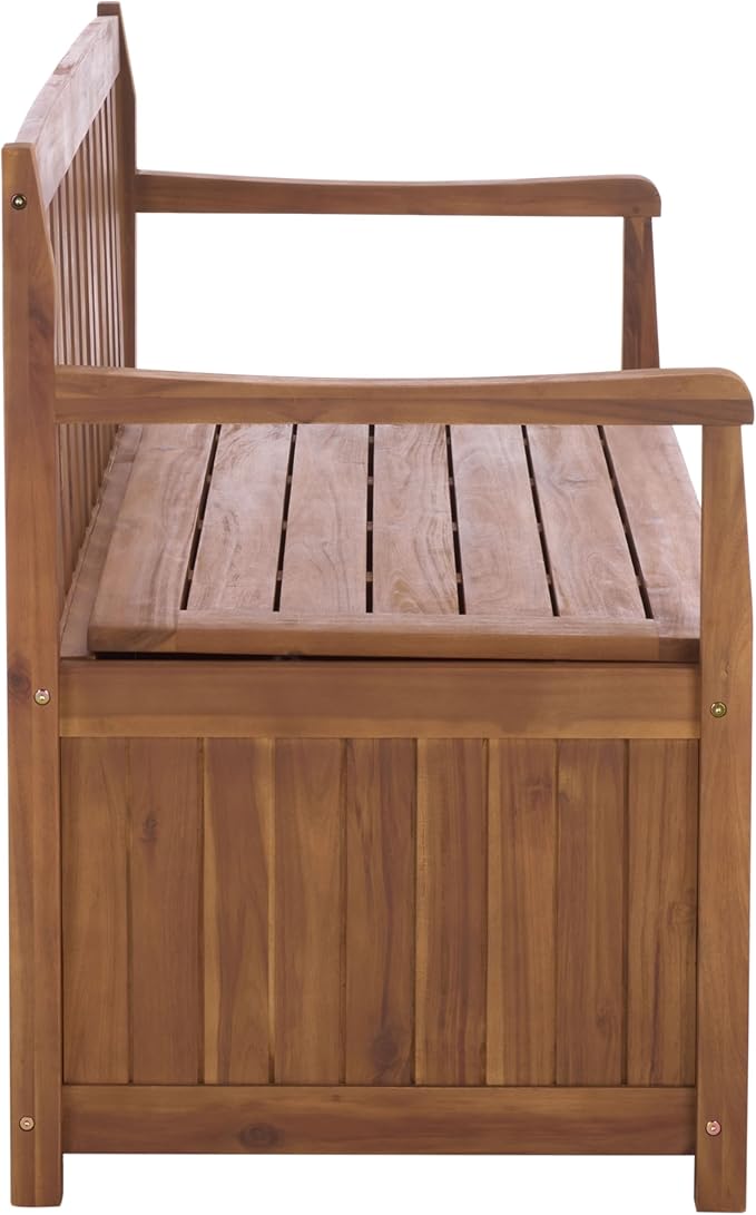 SAFAVIEH Outdoor Patio Furniture Collection – Kelter Solid Teak Wood Bench Box with Storage, Slatted Design, Versatile Indoor/Outdoor Seating (PAT6813A)