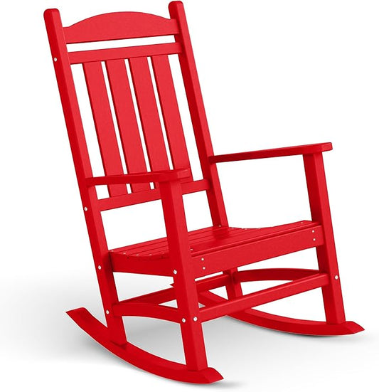 Costaelm Oversized Outdoor Rocking Chair, High Back Porch Rocker Chair, HDPE All Weather Resistant Outdoor Seating Furniture Wide Rocker Chair for Patio, Lawn, Garden, Red