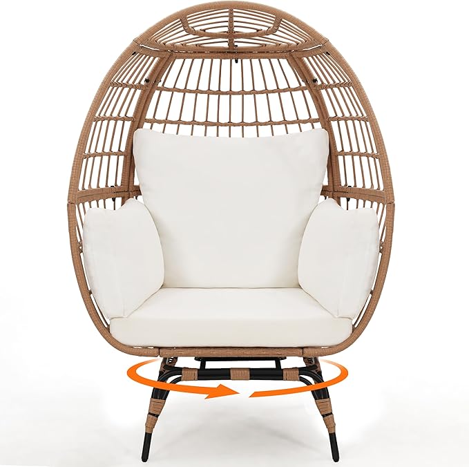 Oversized 360° Swivel Rattan Egg Chair for Adult, Indoor Outdoor Patio Large Wicker Egg Chair with Overstuffed Cushions, 440lb Weight Capacity, Natural Rattan with Beige Cushion