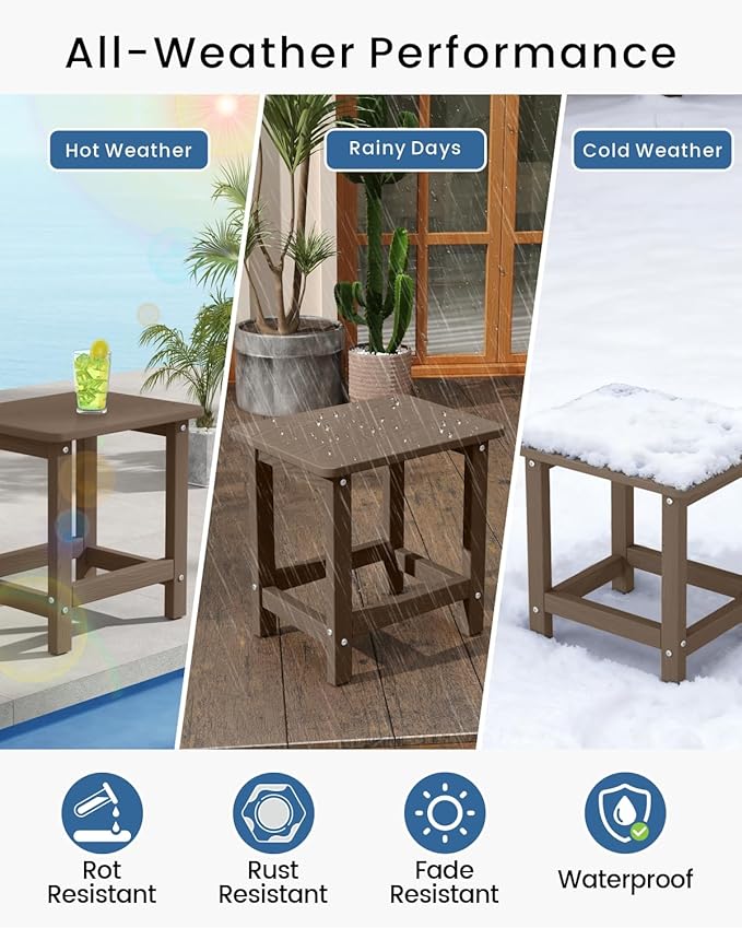 Set of 2 HDPE Outdoor Side Table, Weatherproof Small Outdoor Table for Adirondack, 16.6-Inch Patio Square End Tables for Garden, Backyard, Porch, Deck, Balcony, Poolside (Brown)