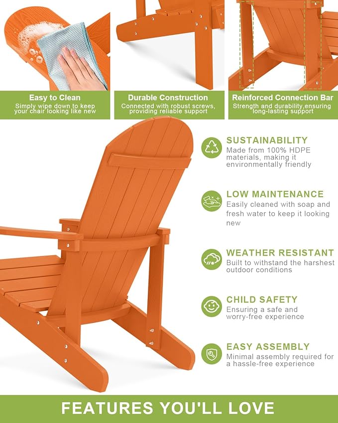 Y&M Adirondack Chair, Orange Fire Pit Chairs, Outdoor Patio Chairs with Cup Holder, Weather Resistant HDPE Wooden Textured Patio Chairs, Perfect for Garden, Lawn, Deck, or Poolside