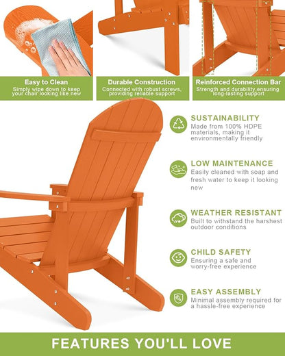 Y&M Adirondack Chair Set of 4, Orange Fire Pit Chairs, Outdoor Patio Chairs with Cup Holder, Weather Resistant HDPE Wooden Textured Patio Chairs, Perfect for Garden, Lawn, Deck, or Poolside