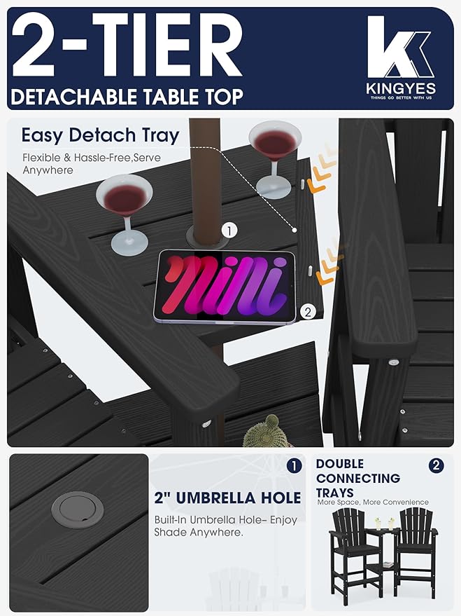 KINGYES Tall Adirondack Chair Set of 4 with 9FT Umbrella, All Weather HDPE Outdoor Adirondack Bar Stools with Double Connecting Trays, Bar Height Airondack Chair with Wood Grain for Deck, Black