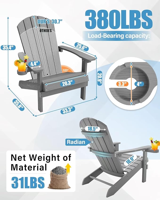 YEFU Adirondack Chair for Outdoor Patio: Zero Gravity Fire Pit Chair Plastic with Cup Holder & Wood Texture - Sturdy All-Weather HIPS for Backyard Poolside Lawn - Easy Assembly(Grey)