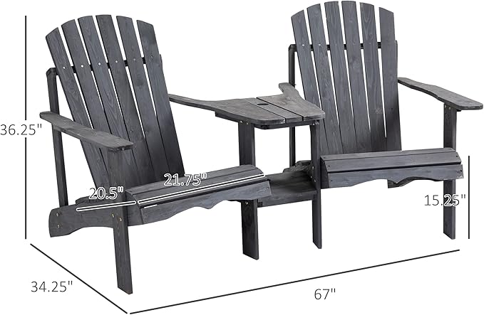 Outsunny Wooden Adirondack Chairs for Two People, Outdoor Fire Pit Chair with Table & Umbrella Hole, Patio Chair for Deck Lawn Pool Backyard, Gray