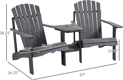 Outsunny Wooden Adirondack Chairs for Two People, Outdoor Fire Pit Chair with Table & Umbrella Hole, Patio Chair for Deck Lawn Pool Backyard, Gray