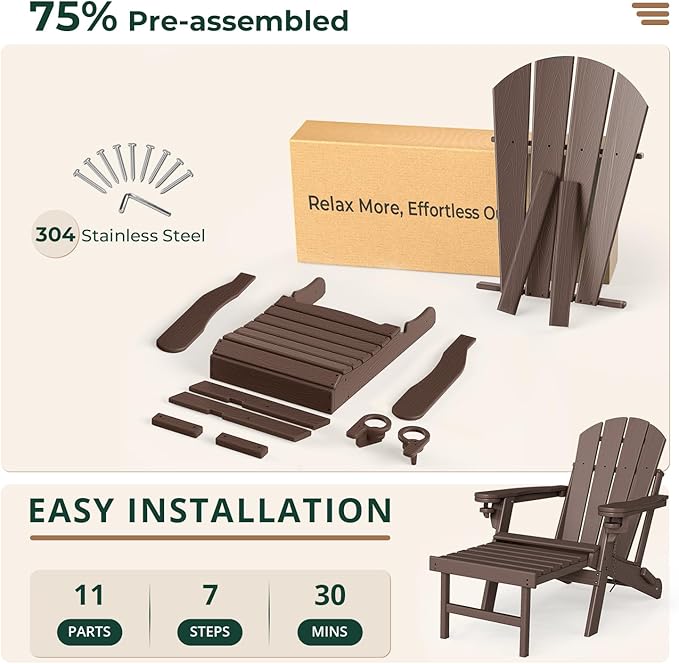 BRIOPAWS Adirondack-Chairs-with-Pull-Out-Footrest | Set of 6 | Folding | HDPE Plastic | Fire Pit Chair | All Weather | Cup Holders | Curved Back | Retractable Ottoman | for Poolside Deck | Dark Brown