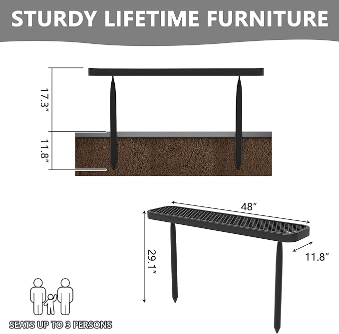 4 FT Heavy Duty Metal Park Bench for Outside, Outdoor Backless Bench with Thermoplastic Coating, Commercial Benches for Shopping Mall, Store, Park, Deck, Inground Mounted, Black