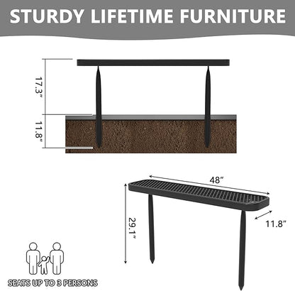 48" L Outdoor Bench, 4FT Heavy Duty Metal Park Bench for Outside, Inground Mounted, Commercial Benches Mesh Bench for Shopping Mall, Store, Lawn, Park, Patio, Deck, Garden (Black Inground)