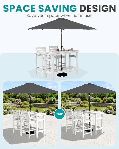 SERWALL Outdoor Bar Set with 9ft Umbrella, All-Weather HDPE Patio Bar Chairs and Table, Outdoor Furniture Set, White (Umbreall Base not Included)