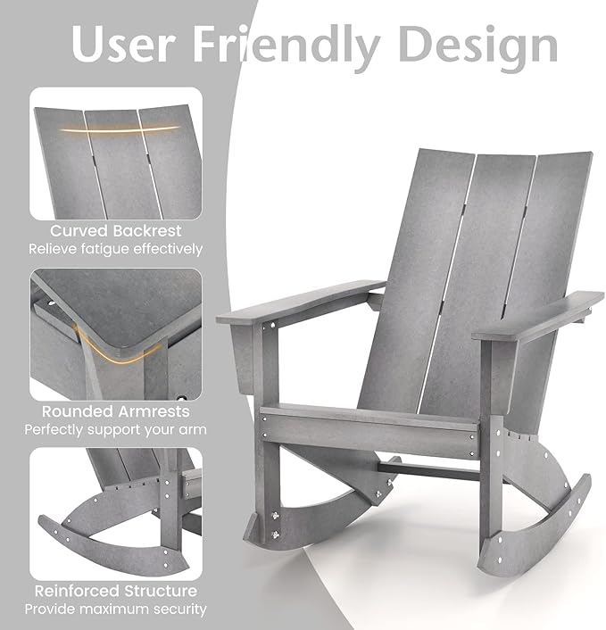 Giantex Outdoor Rocking Chairs Set of 2 - Waterproof HDPE Adirondack Rocker with Curved Back, Rounded Armrest, 330lbs Weight Capacity, Outside Chair for Patio, Porch, Balcony, Backyard, Poolside, Gray