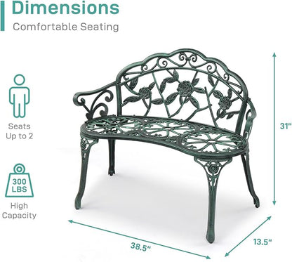 38.5" Patio Park Garden Outdoor Metal Rose Bench, 2-Person Cast Iron Cast Aluminium Frame Antique Finish Chair,Accented Lawn Front Porch Path Yard Decor Deck Furniture (Green, Rose)
