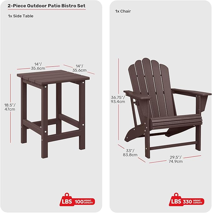 Costaelm Lakeview Outdoor Patio HDPE Adirondack Chair with Cup Holder and Table Set, Dark Brown
