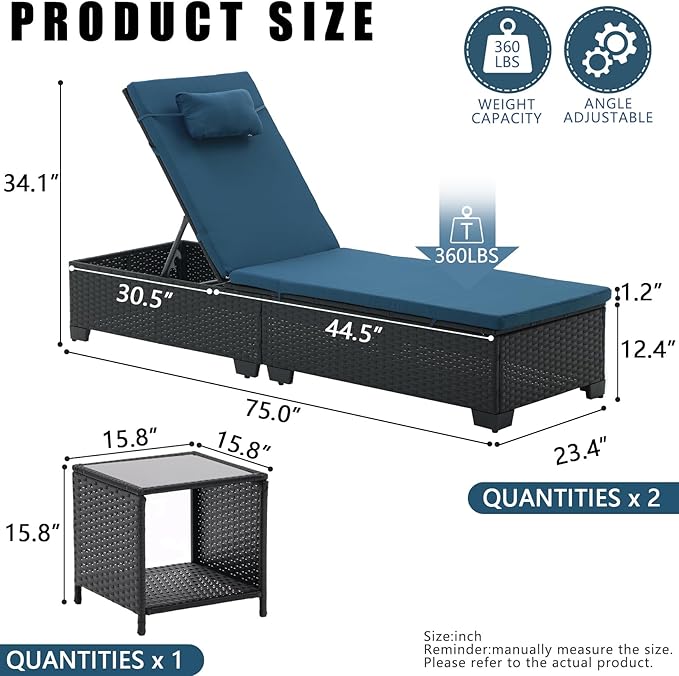 Patio Chaise Lounge Outdoor Lounge Chair Chaise Lounger Patio Reclining Chair with Angle Adjustment by PE Rattan Aluminum Alloy for Courtyards Poolside Garden Beaches Clearance (Slate Blue)