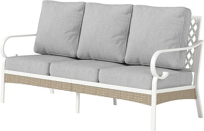 Metal Patio Furniture Sofa with 5.75" Extra Thick Cushion, 3-Seater Deep Seating & High-Back White Frame Outdoor Couch All Weather Outdoor Seating for Deck Gazebo Porch, Light Gray