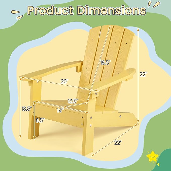 KOTEK Kids Adirondack Chair, Plastic Toddler Lawn Chair with Ergonomic Seat, Wood-Grain Texture, Easy to Assemble, All-Weather Outdoor Kids Chairs for Patio, Garden, Backyard (Yellow)