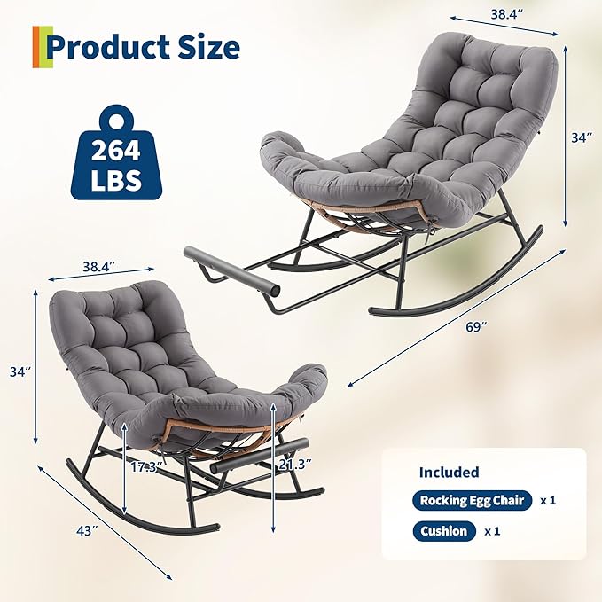 Outdoor Rocking Chair with Footrest, Oversized Patio Papasan Chairs with Cushion - Photo 2