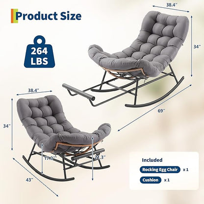 Outdoor Rocking Chair with Footrest, Oversized Patio Papasan Chairs with Cushion, Modern Lounge Rocker Chair for Indoor Living Room Garden Porch Balcony, Grey