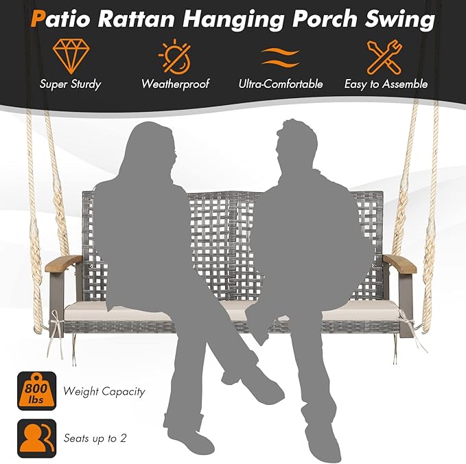 RELAX4LIFE 2-Seater Outdoor Porch Swing - Patio PE Rattan Hanging Swing Bench with Seat Cushion and Strong Hanging Ropes - Photo 6