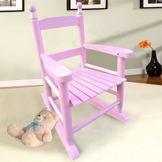 Toddler Rocking Chair for Kids Age 2-5, Hardwood Porch Rocker with Back Support & Armrest for Small Spaces Living Room Outdoor Garden, Easy Assembly (Light Pink)