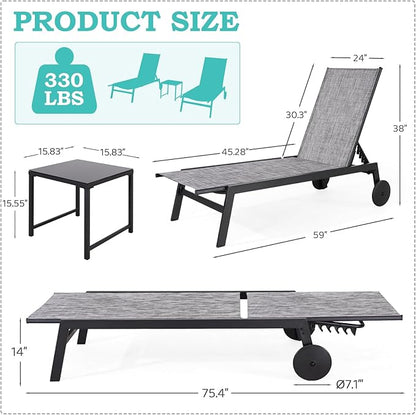 EROMMY Patio Chaise Lounge Chair Set of 2 with Table, Adjustable Backrest & Wheels, Waterproof Outdoor Poolside Recliners for Garden, Deck, Lawn, Backyard