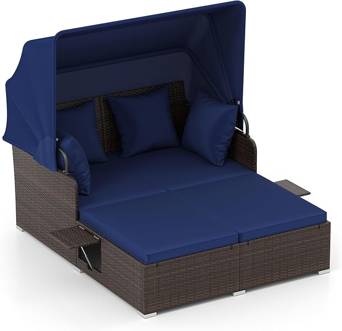 Tangkula Patio Rattan Daybed with Retractable Canopy, Outdoor Wicker Sunbed with 2 Foldable Side Tables - Photo 1