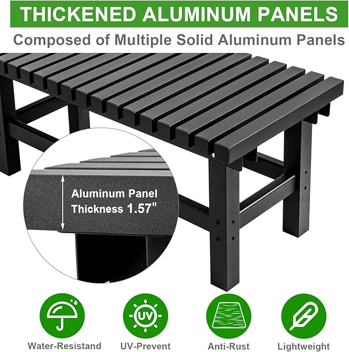 TECSPACE 70 Inches Aluminum Outdoor Weatherproof Bench Backless, 550 LBS Bearing Capacity Garden Porch Bench, Vertical Panel Design, Black