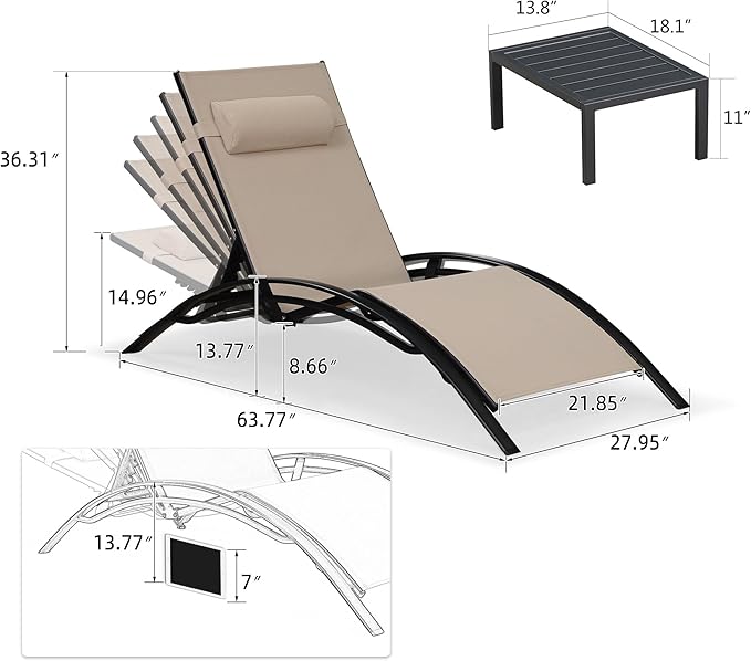 PURPLE LEAF Patio Oversized Chaise Lounge with 15FT Umbrella Outdoor Lounge Chair Beach Pool Sunbathing Lawn Lounger, Base and Side Table Included, Taupe