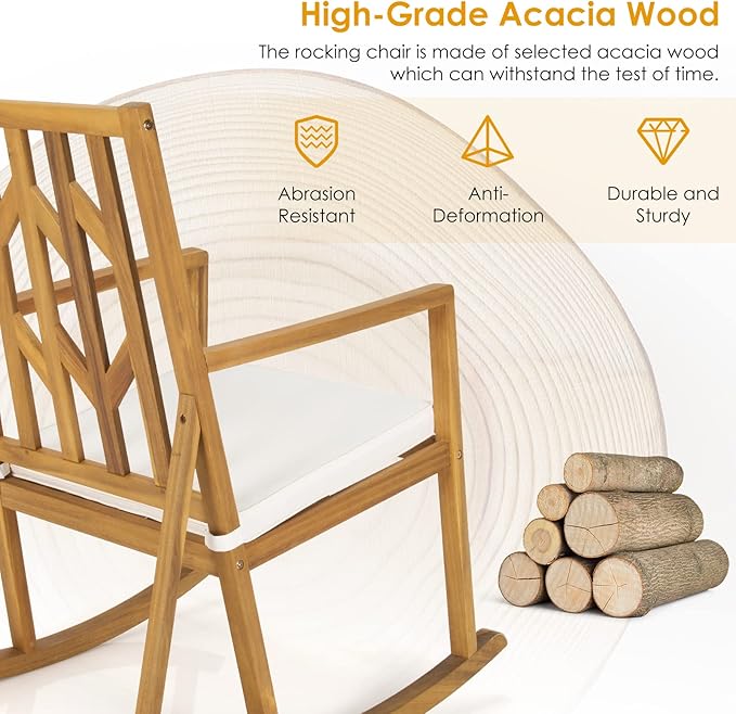 Tangkula Acacia Wood Patio Rocking Chair, Outdoor Porch Rocker W/Removable High-Density Cushion, All-Weather Resistance, Perfect for Garden, Backyard, Poolside (1, White)