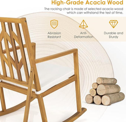 Tangkula Acacia Wood Patio Rocking Chair, Outdoor Porch Rocker W/Removable High-Density Cushion, All-Weather Resistance, Perfect for Garden, Backyard, Poolside (1, White)