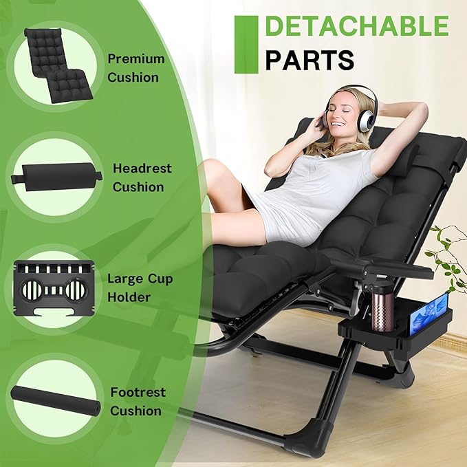 ZENPETIO 29In XL Zero Gravity Chair w/Cushion, Zero Gravity Recliner Lounge Chair for Indoor and Outdoor - Photo 4