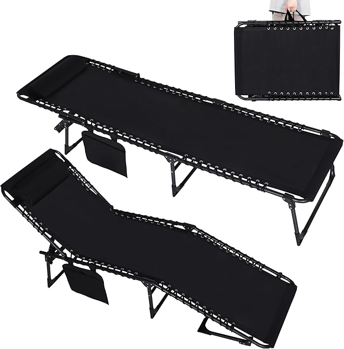 MUPATER 4-Fold Patio Chaise Lounge Chair for Outdoor with Detachable Pocket and Pillow, Portable Sun Lounger Recliner for Beach, Camping and Pool, Black