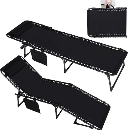 MUPATER 4-Fold Patio Chaise Lounge Chair for Outdoor with Detachable Pocket and Pillow, Portable Sun Lounger Recliner for Beach, Camping and Pool, Black