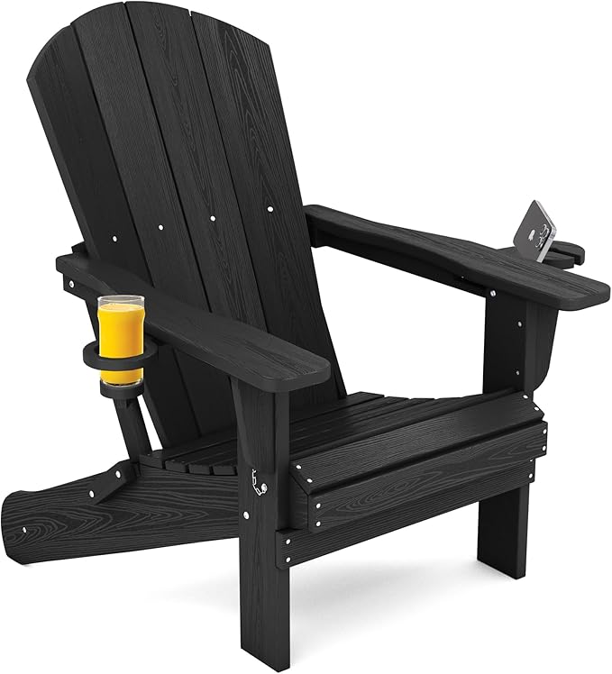SERWALL HDPE Folding Adirondack Chair with Dual Cup Holder - Composite Adirondack Chair Set of 4- Black - Photo 9