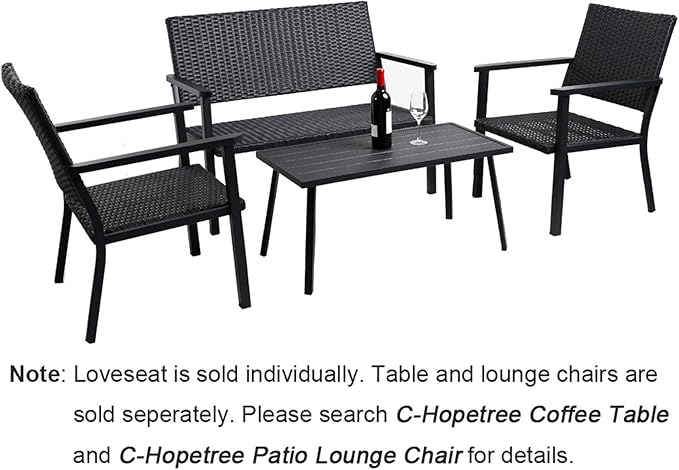 C-Hopetree Outdoor Loveseat Bench Chair for Outside Patio Porch, Metal Frame, Black All Weather Wicker