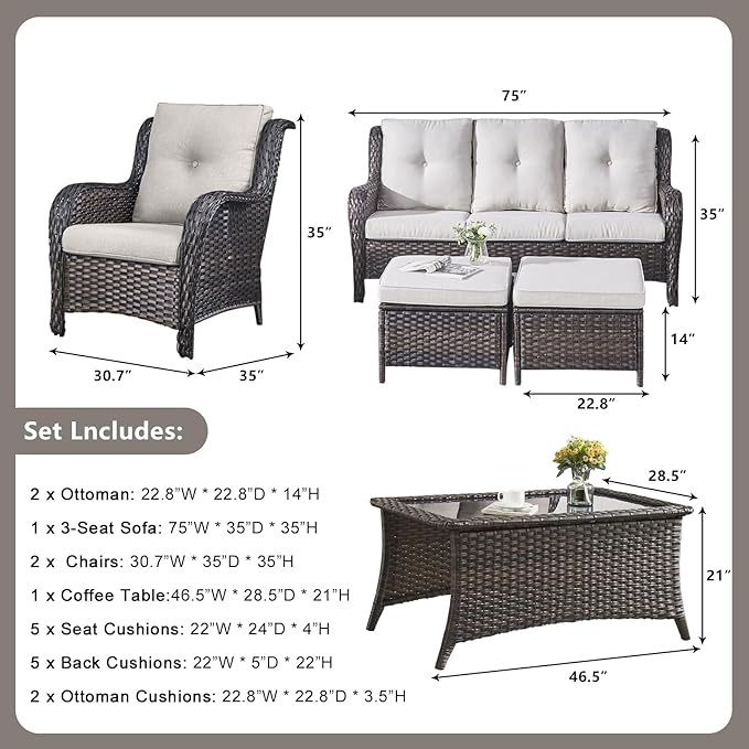 Rilyson Outdoor Patio Wicker Furniture Set - 6 Piece Rattan Patio Conversation Sectional Sofa Set with 1 Couch - Photo 3