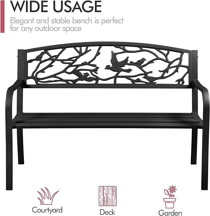 Topeakmart Garden Bench Outdoor Patio Bench for Outdoors Metal Porch Cast Iron Steel Outdoor Bench with Backrest and Armrests, Black